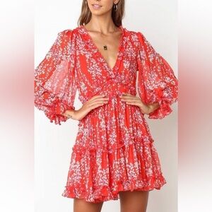 FASHION RED MULTI-COLOR FLORAL PRINT V-NECK RUFFLE DRESS size XL
